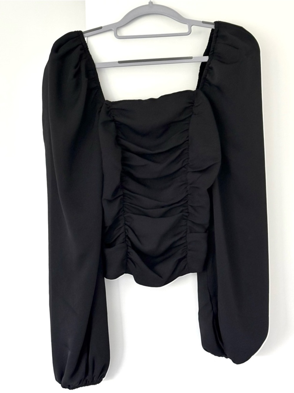 Express Black Ruched Puff Sleeve Square Neck Top